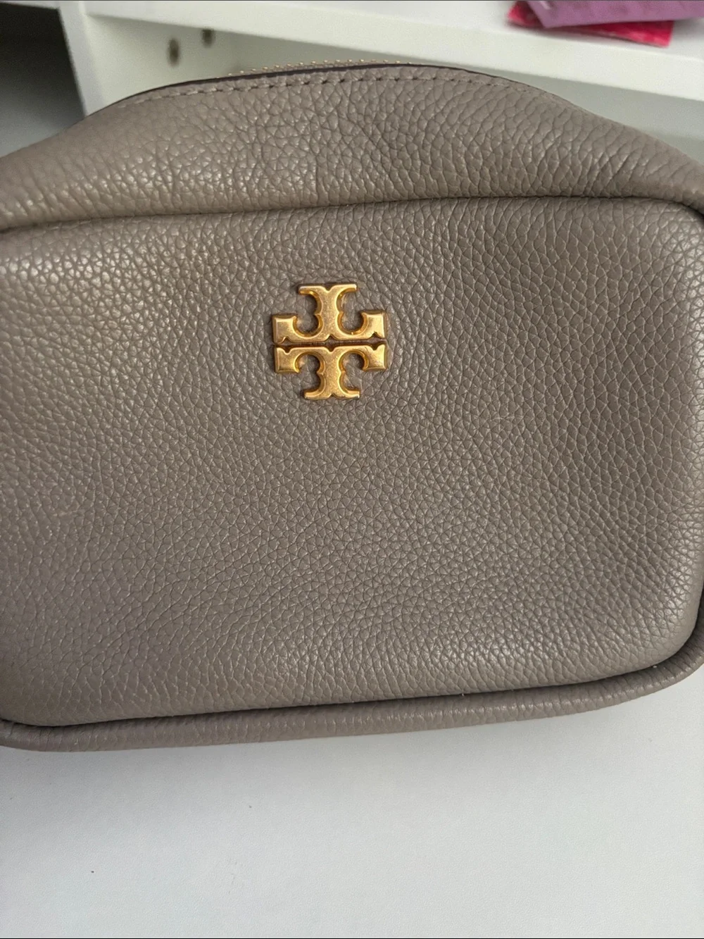 Tory Burch Pebbled Leather Pouch in Taupe with Gold Logo